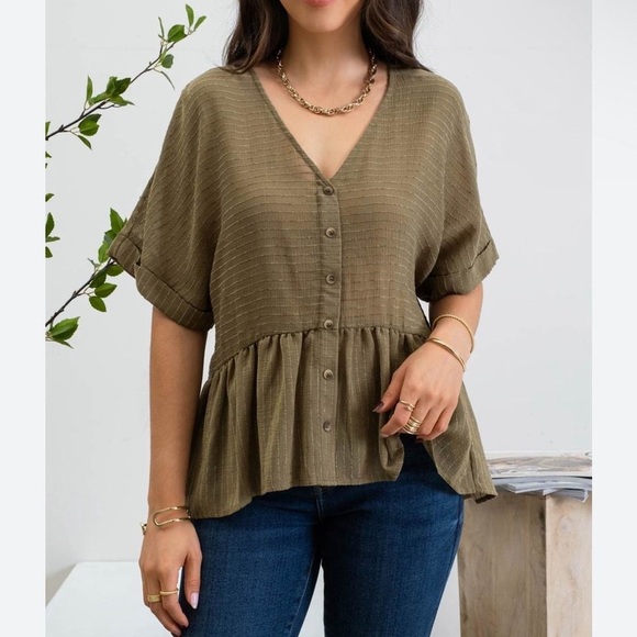 Blu Pepper Olive Peplum Woven Blouse (New With Tags) - Picture 1 of 5